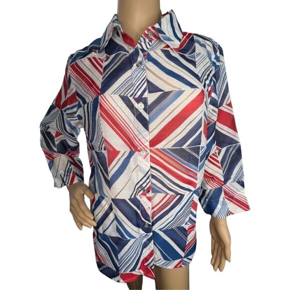 Alfred Dunner Red White and Blue Lightweight Half Sleeve Button Up Blouse - Picture 1 of 4